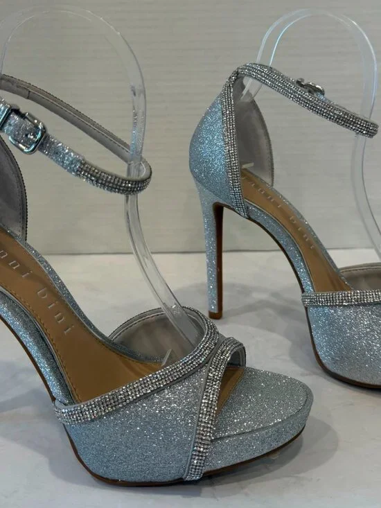Gianni Bini Constantz Silver Glitter Stiletto Heel Ankle Strap Sandals - Picture 3 of 9